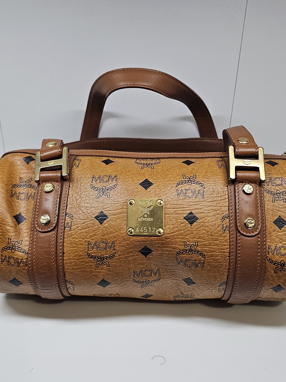 MCM Cognac Visetos Barrel Satchel Bag
